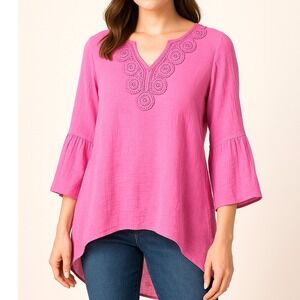 Zac & Rachel Womens Pink Crochet ‎ Blouse XL 3/4 Sleeve High Low Hem Lightwei